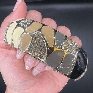 Gold Tone Geometric Shapes Bracelet w/ Rhinestones Black, Grey, & Cream Design